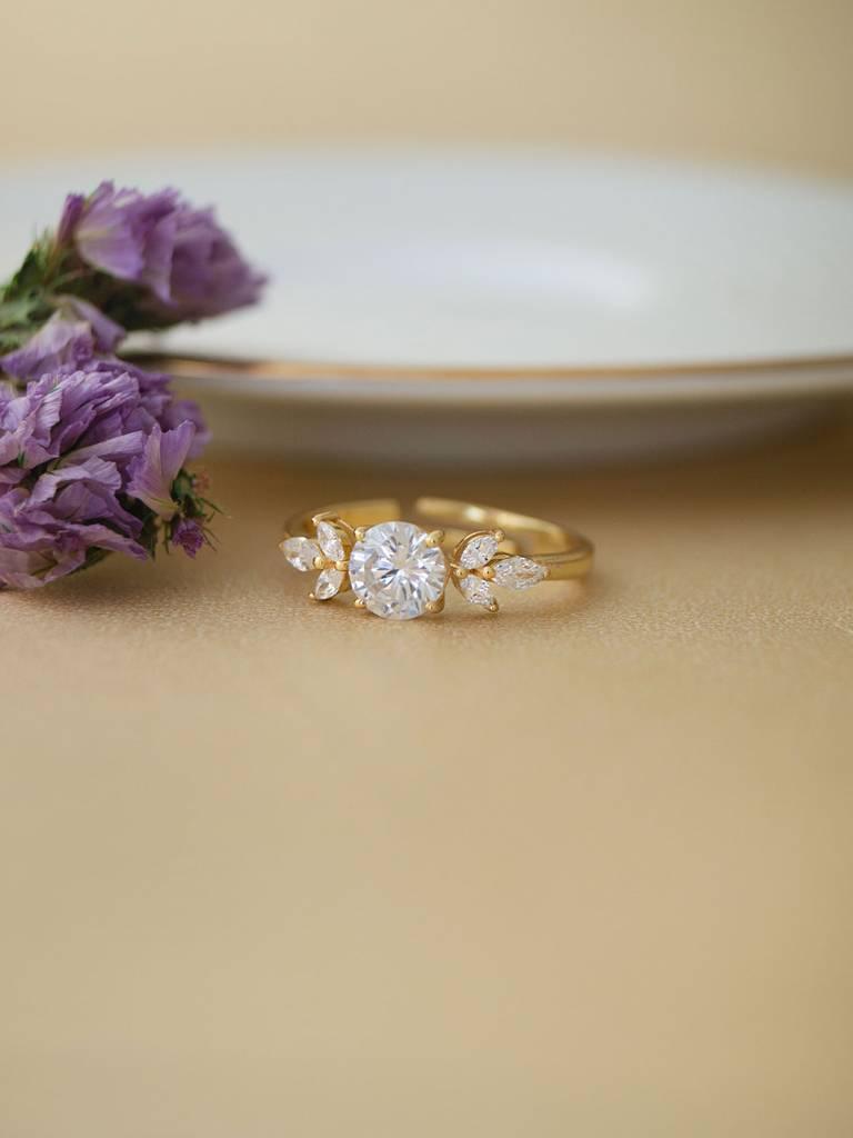 Ornate Solitaire Gold Plated Sterling Silver Adjustable Ring